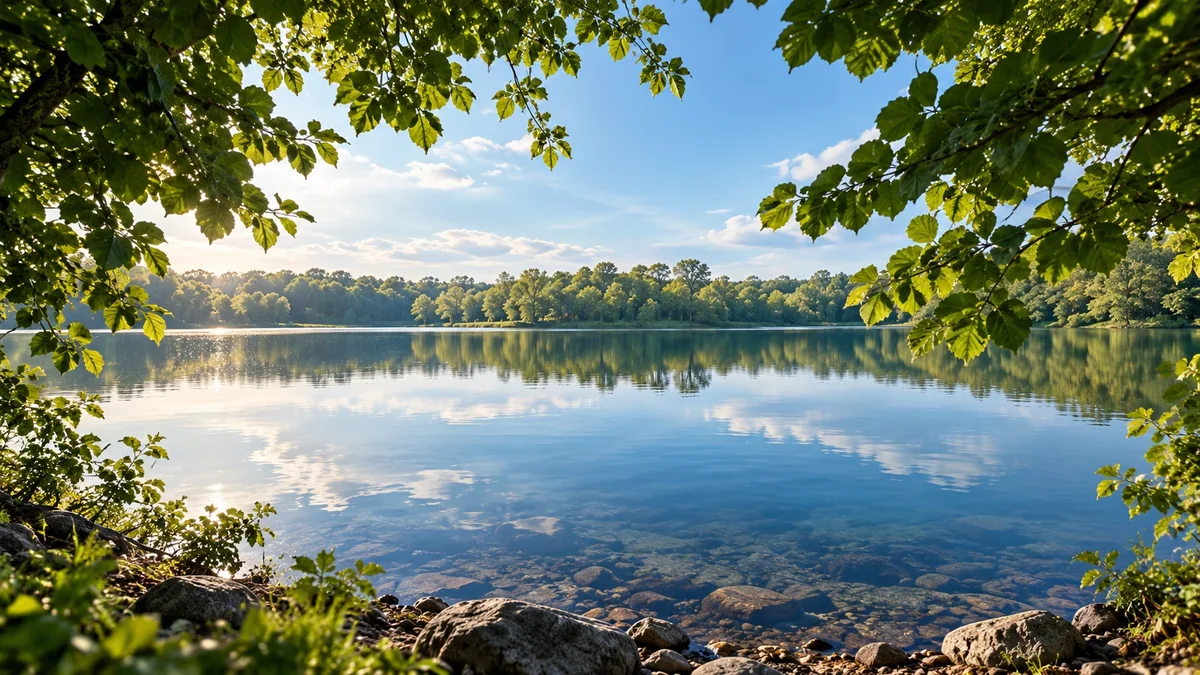 Een stil meer omringd door groene bomen